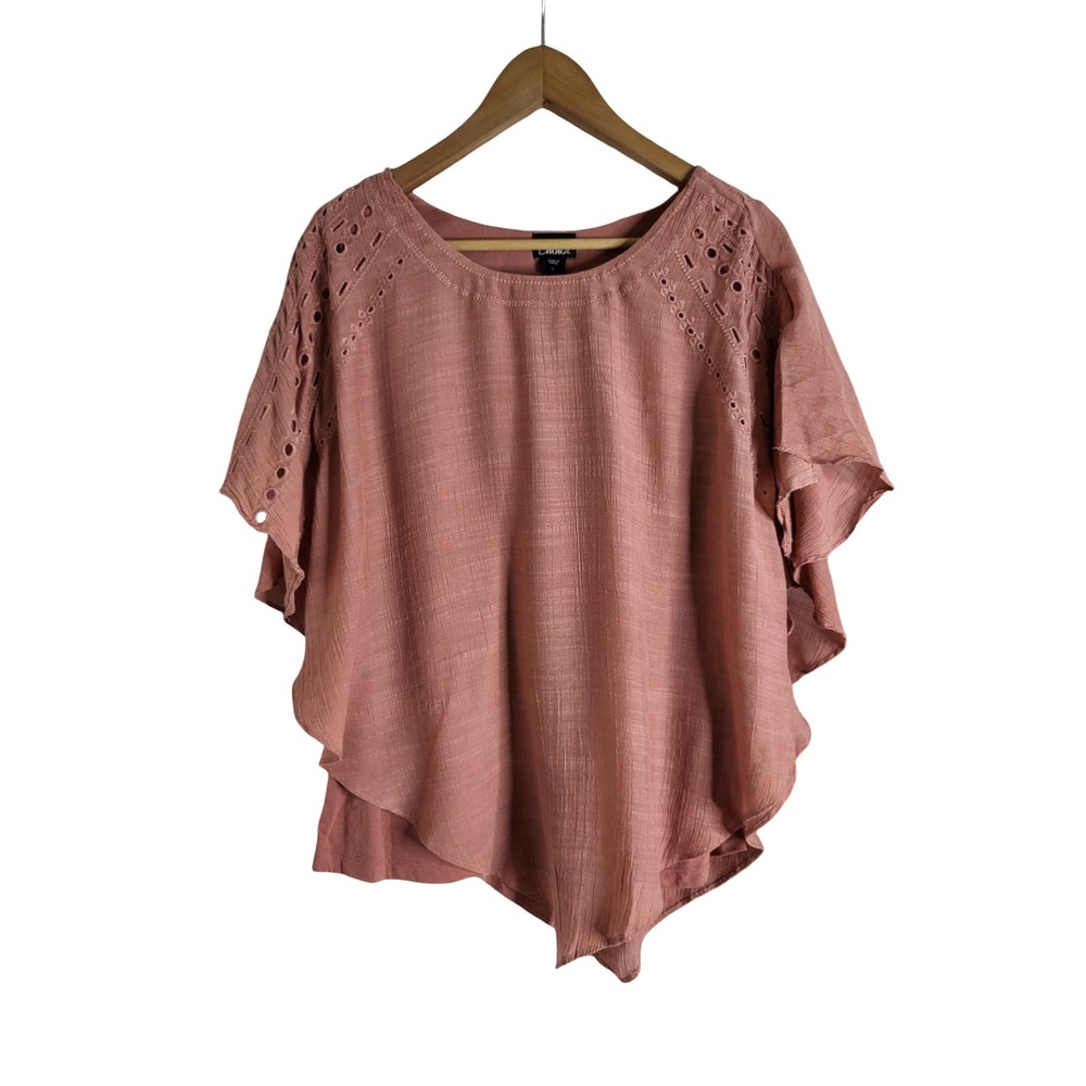 Simply Emma Earthy 1X Mauve Layered Eyelet Embroidered Asymmetrical Poncho Top